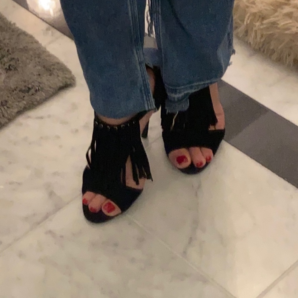 Prada Black suede fringe 4+inch sandal with ankle strap